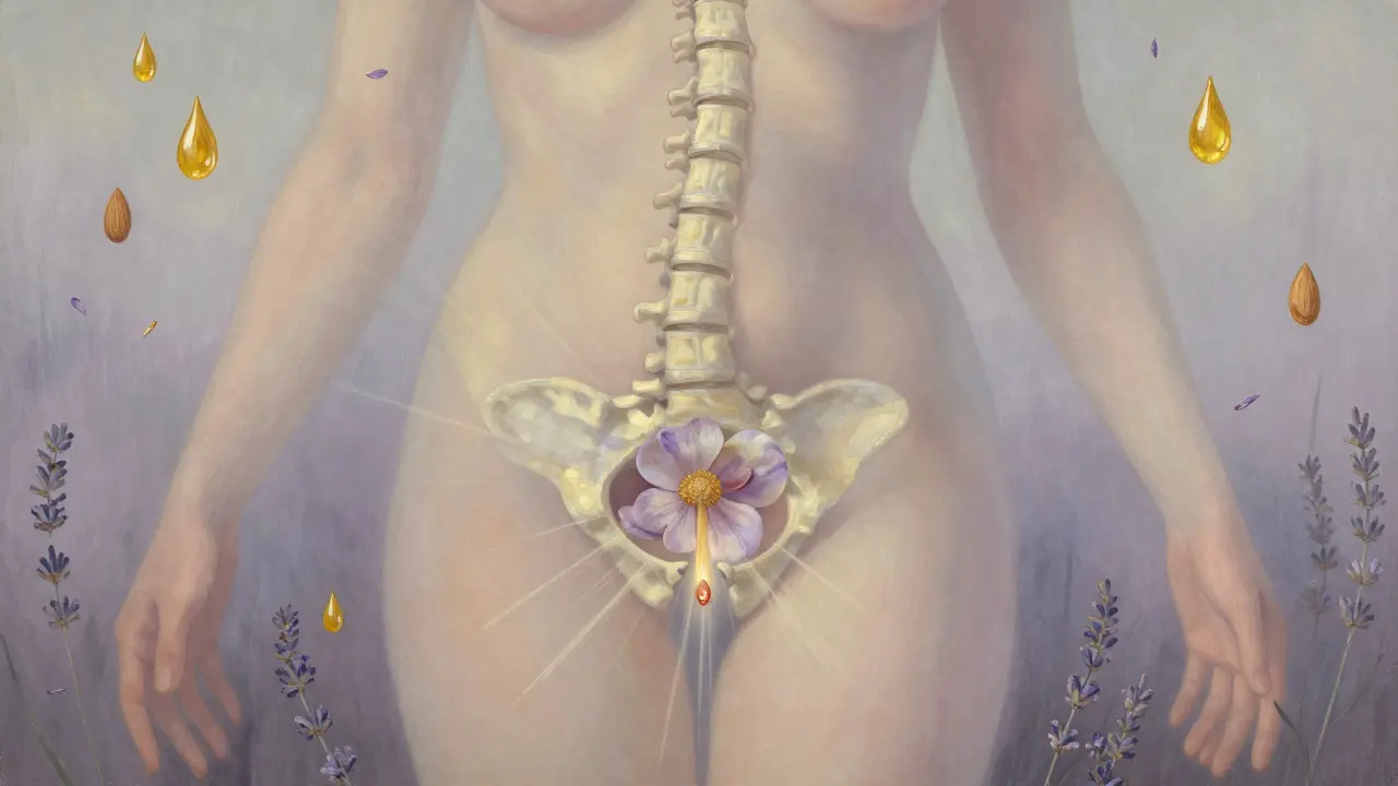 Bir kadının vücudu, doğal bir manzaraya dönüşmüş; klitoris bölgesi ışıkla parlıyor.