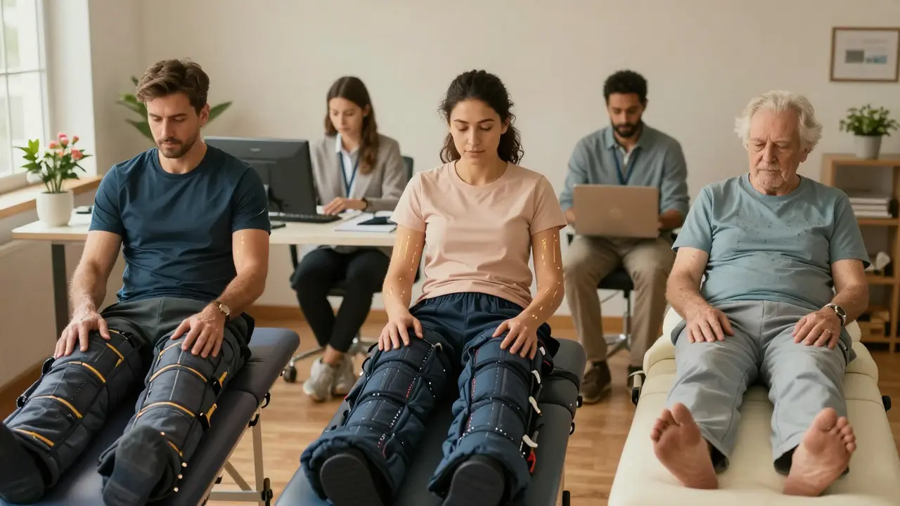 Farklı bireyler compression masajından faydalanıyor: sporcu, ofis çalışanı ve yaşlı.