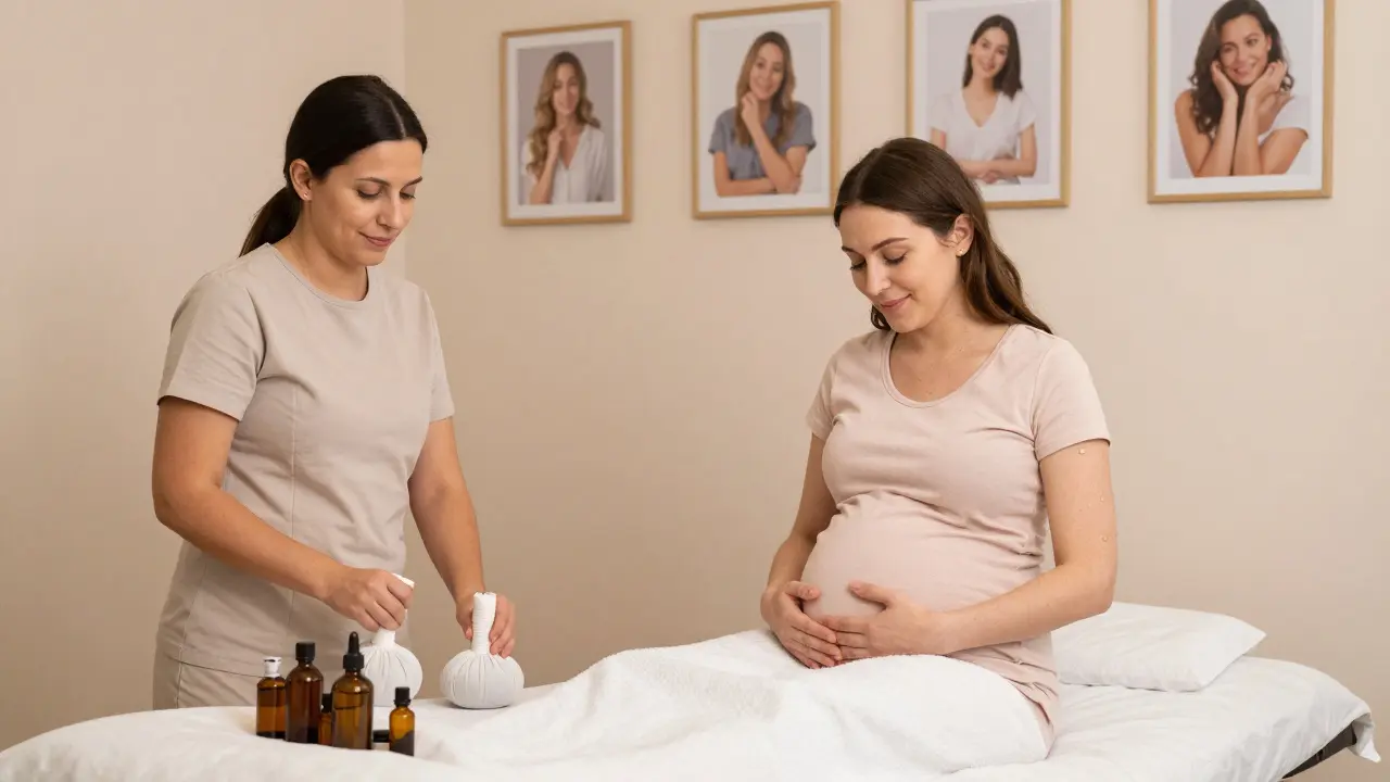 Hamile bir kadın masaj sonrası mutlu bir şekilde karınını tutuyor, masaj odasında sakin bir ortam.