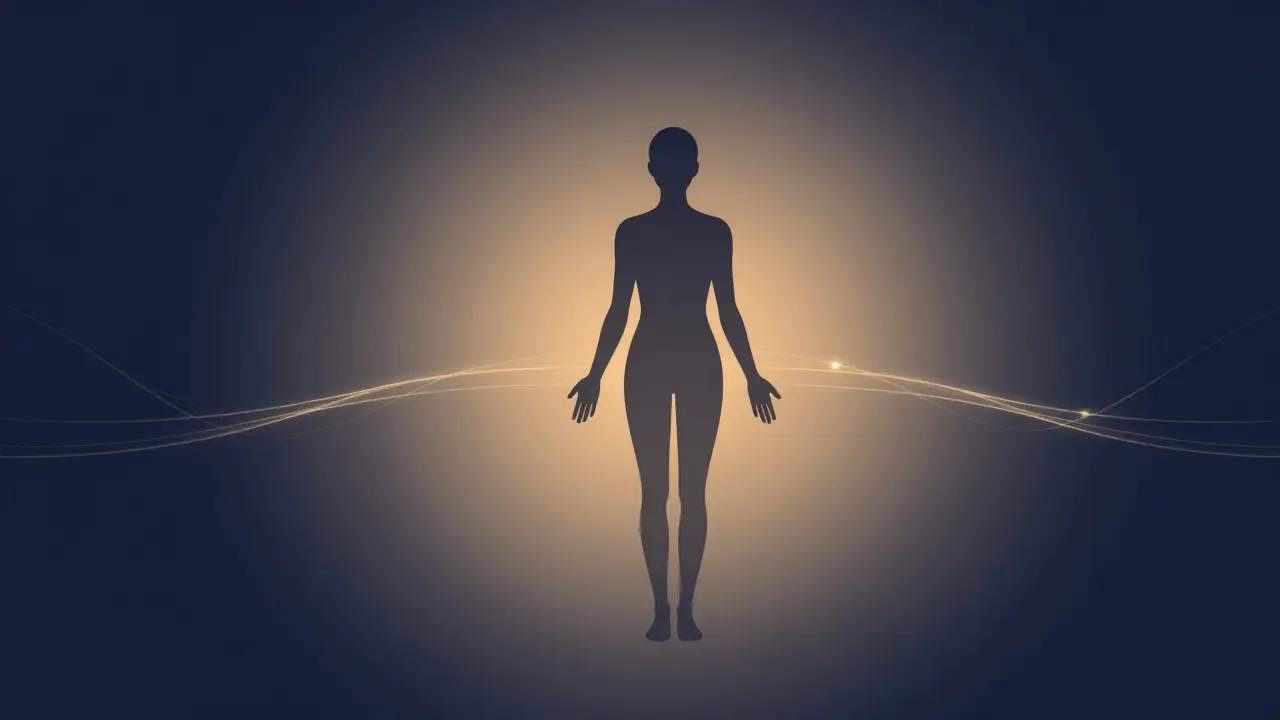 İçsel dengeyi simgeleyen yumuşak ışıklı bir insan silüeti.