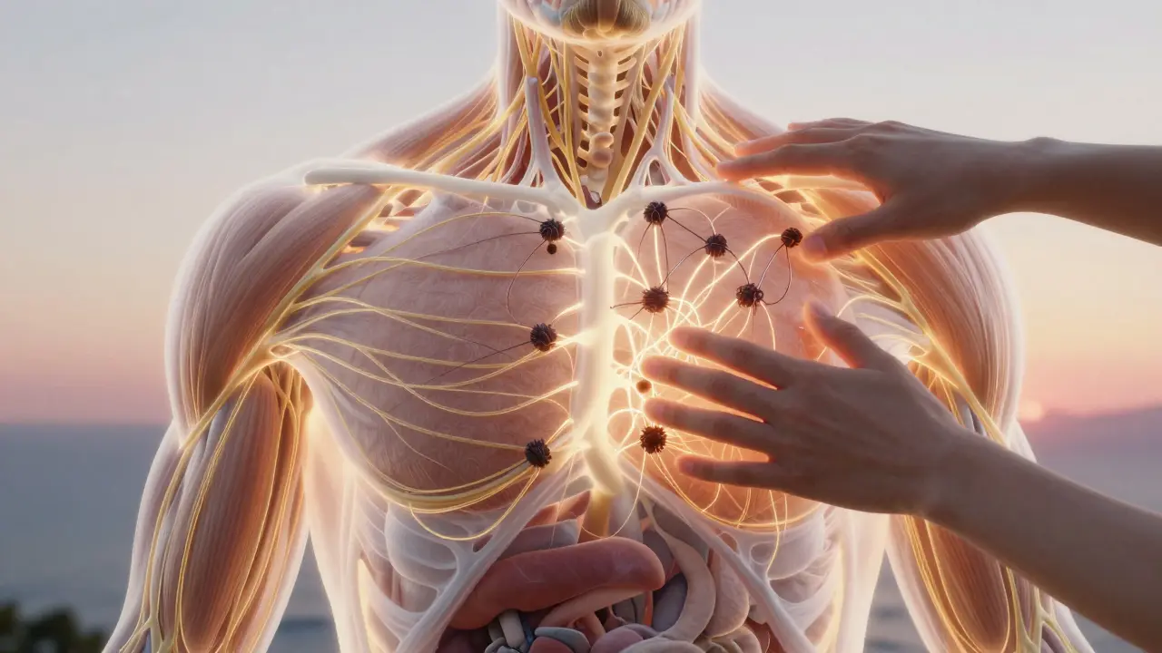 İnsan vücudunda fascia dokusu altın iplikler gibi parlıyor ve sıkışmalar çözülüyor.