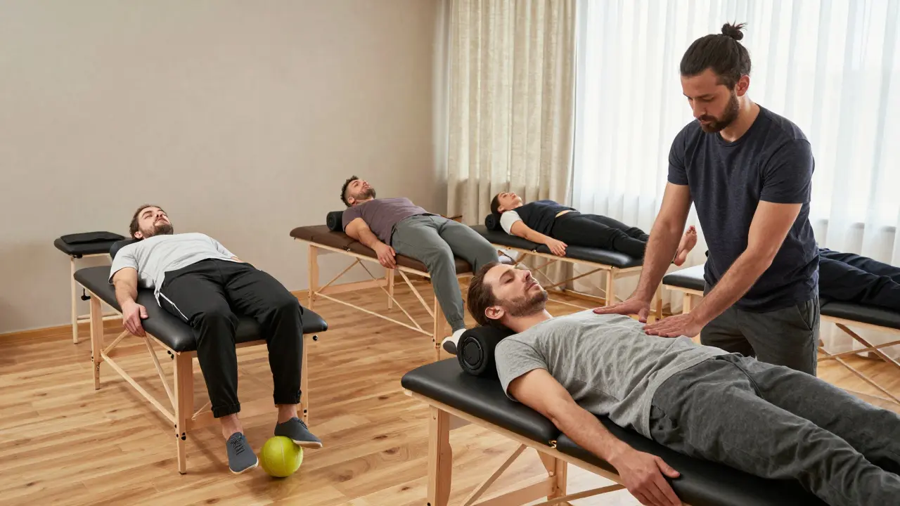 İstanbul'da bir fizyoterapi merkezinde farklı hastalar myofascial release tedavisi alıyor.