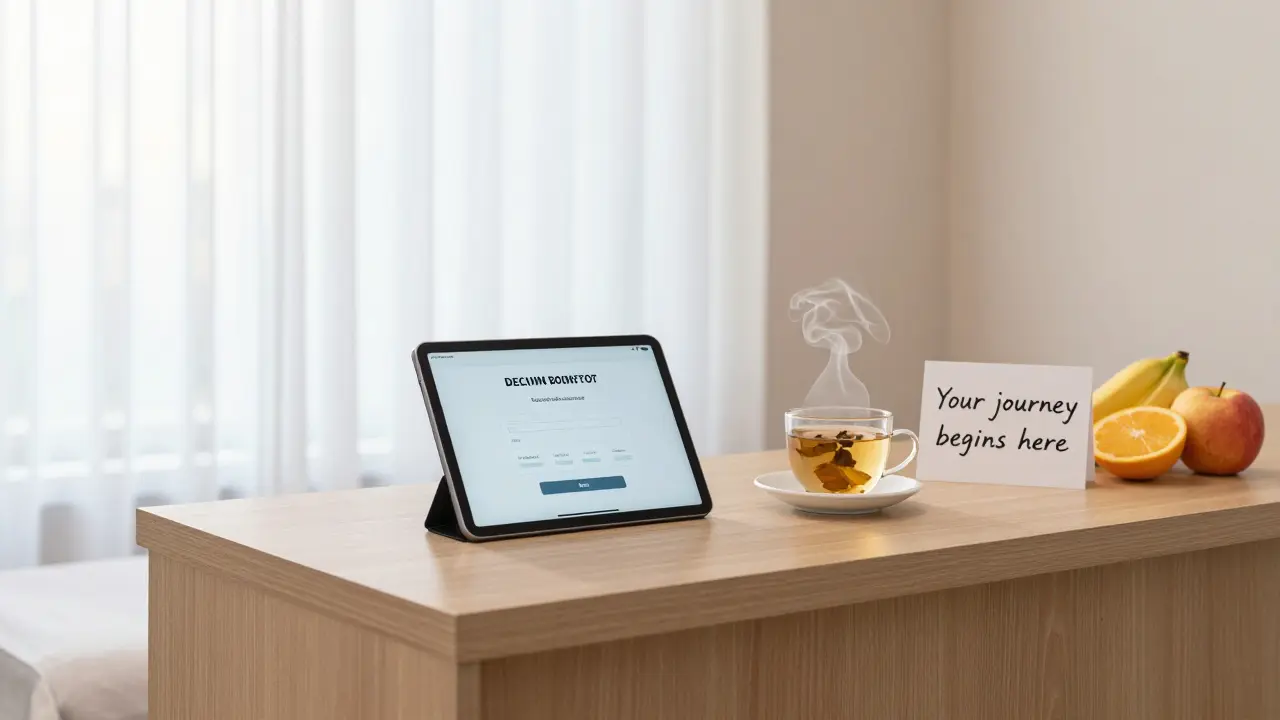 Masaj salonunun sakin bir alıcı alanında, bir fincan çay ve meyvelerle birlikte rezervasyon ekranı görünüyor.