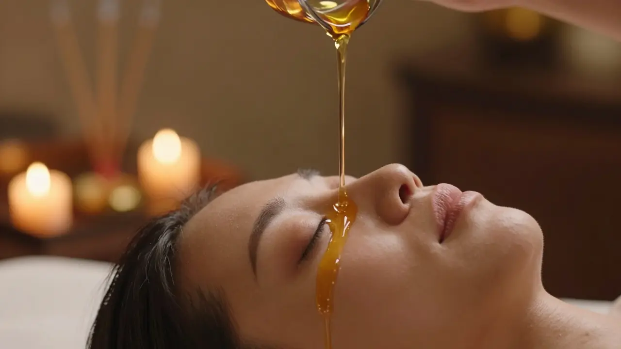 Alına akan ılık yağ ile zihinsel detoks sağlayan Shirodhara masajı uygulaması.