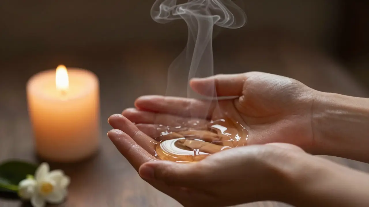 Avuç içinde ısıtılan masaj yağı ve arka planda mum ışığı