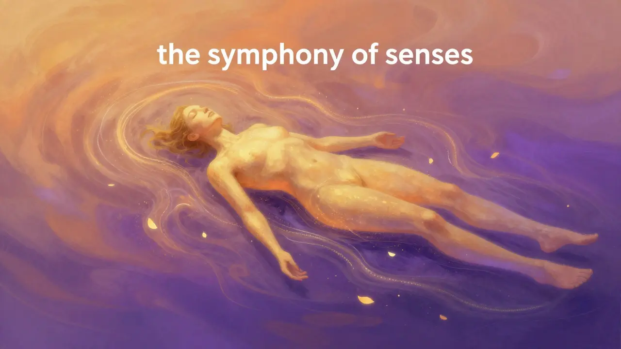 Derin gevşeme ve huzuru temsil eden soyut, renkli enerji dalgaları.