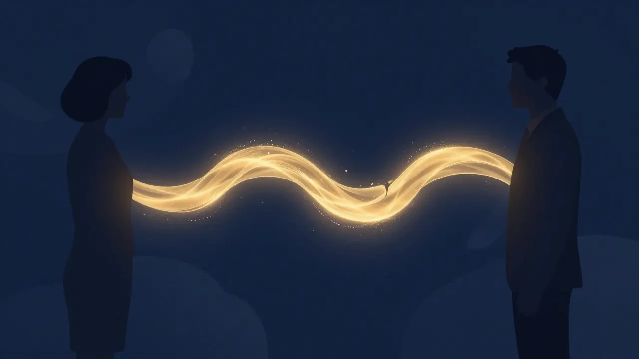 Duygusal bağı ve huzuru temsil eden soyut altın ışık akışları.