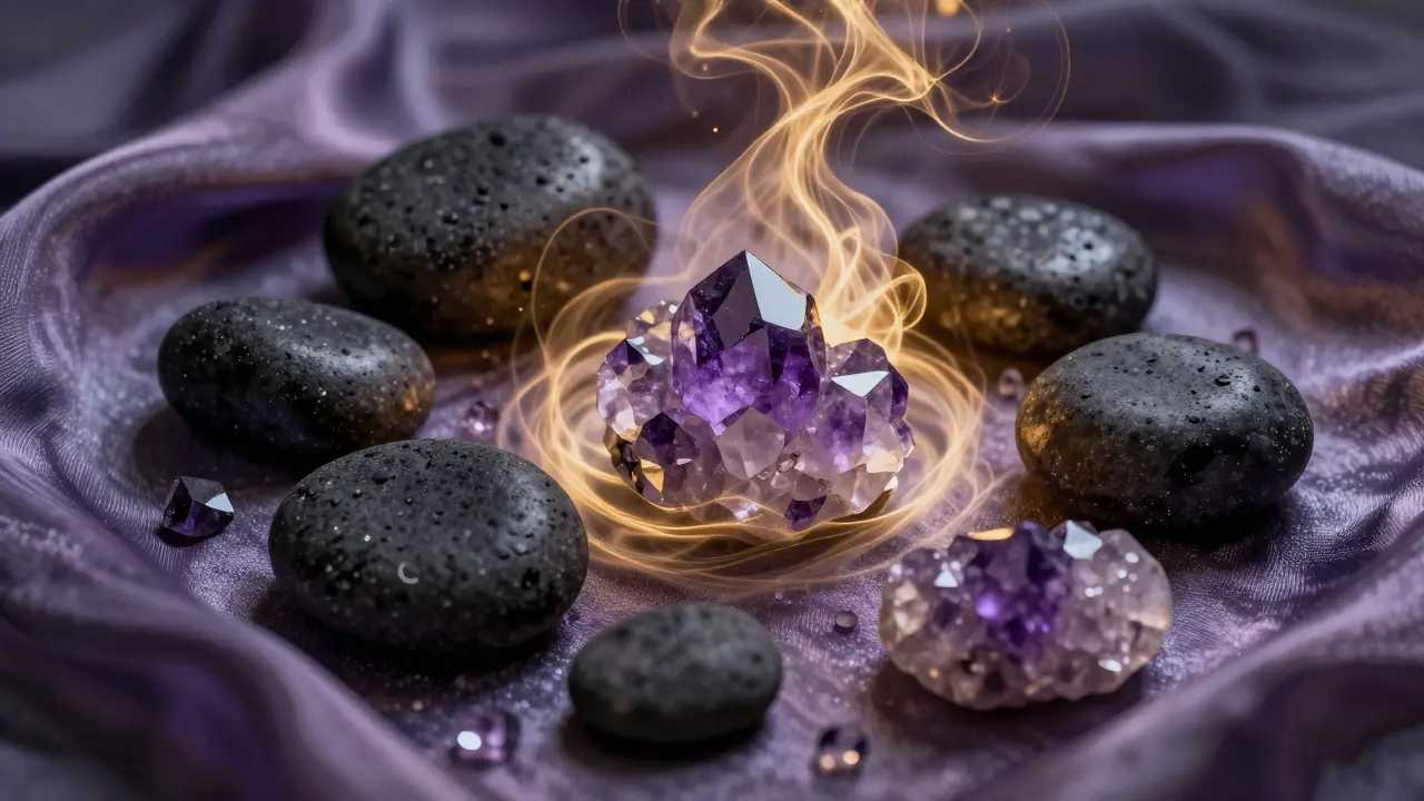 Enerji akışını simgeleyen sıcak bazalt taşları ve ametist kristalleri