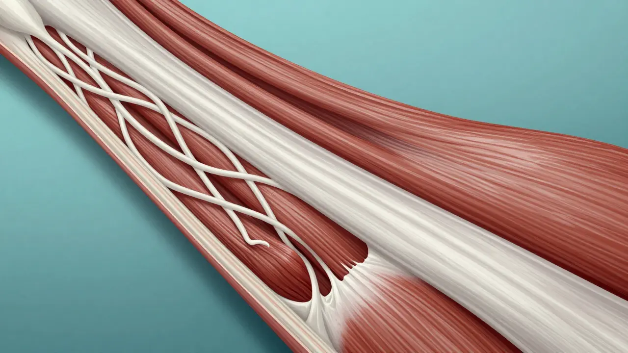 Kasların etrafındaki fasyanın çözülmesini ve dokuların hizalanmasını temsil eden sanatsal çizim.