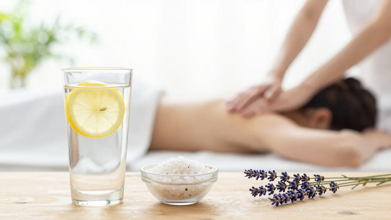 Masaj sonrası iyileşmeyi simgeleyen su, Epsom tuzu ve esneme anı