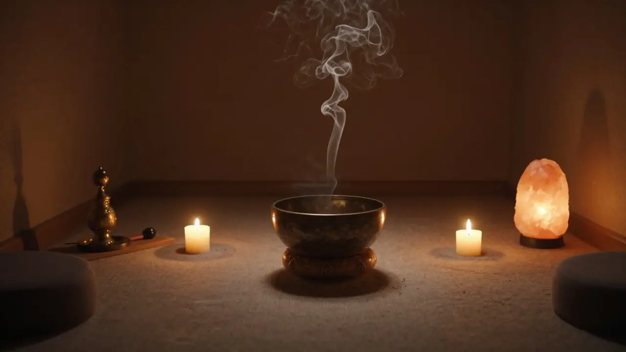 Mumlar ve Tibet çanağı ile hazırlanmış meditatif bir ortam