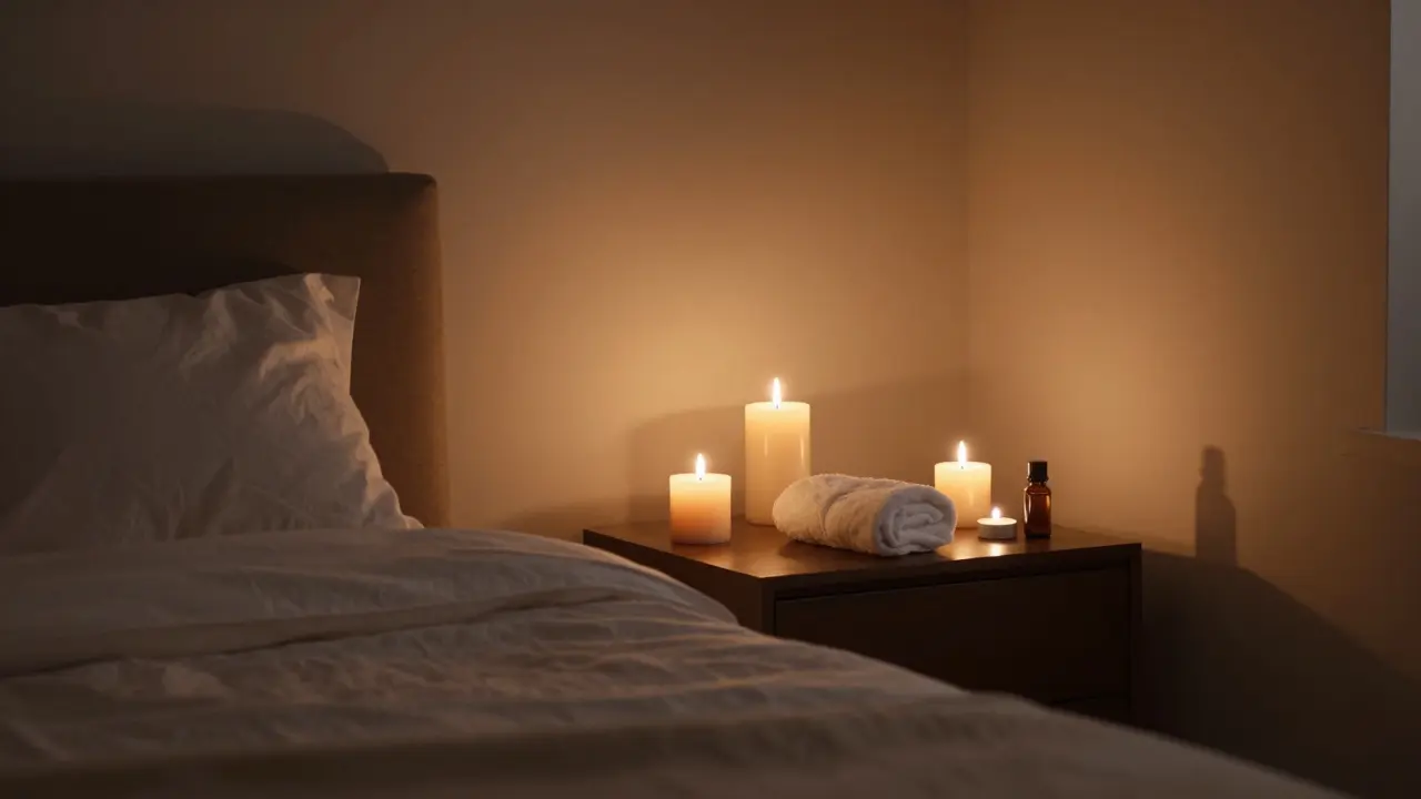 Sadece mumlarla aydınlatılmış huzurlu ve romantik bir yatak odası