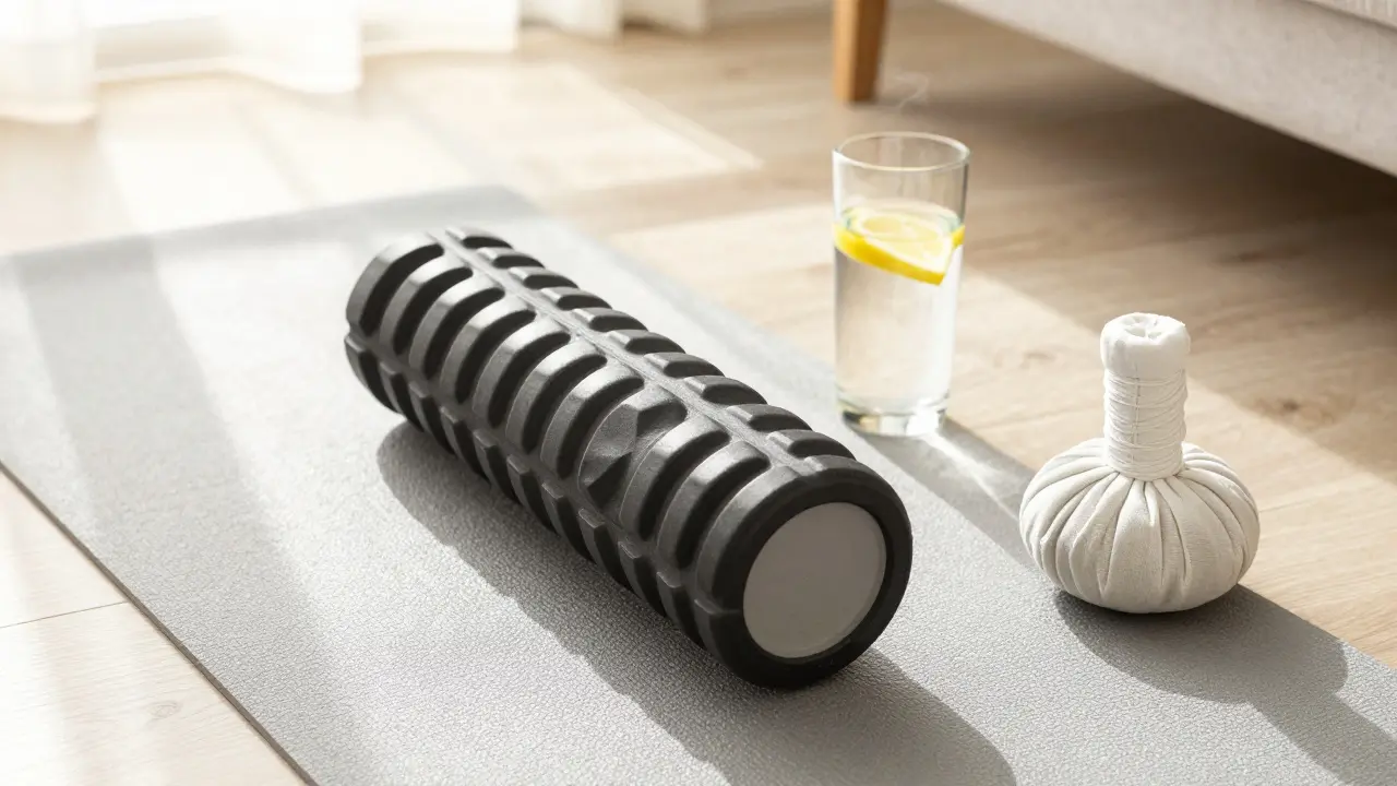 Sıvı tüketimi ve köpük rulo ile masaj sonrası evde destekleyici bakım ürünleri.