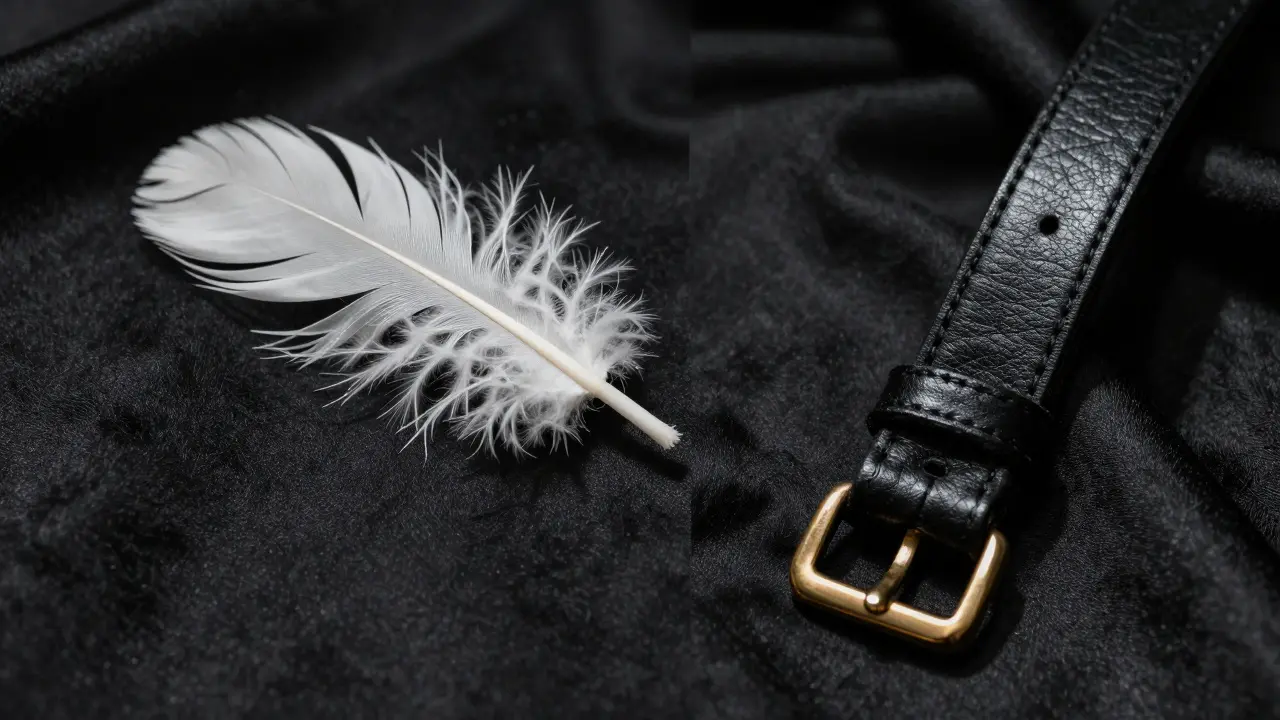 Siyah ipek zemin üzerinde kontrast oluşturan yumuşak bir tüy ve deri bir kayış.