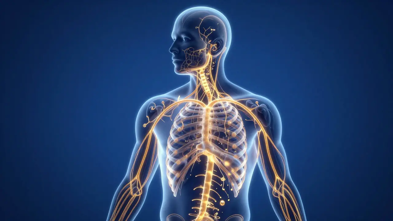 Vücuttaki lenfatik akışı ve toksinlerin atılımını temsil eden altın ışıklı insan silüeti.