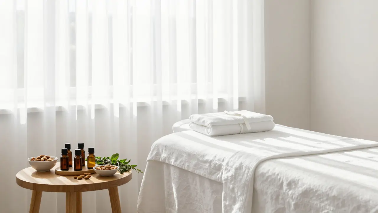 Güneşli bir spa odasında hazırlanan masaj masası ve yağlar