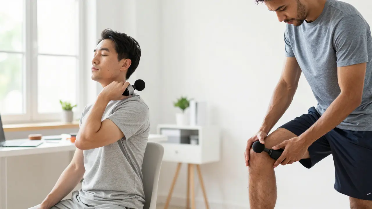 Ofis çalışanı ve sporcunun evde perkusyon masajı kullanımı