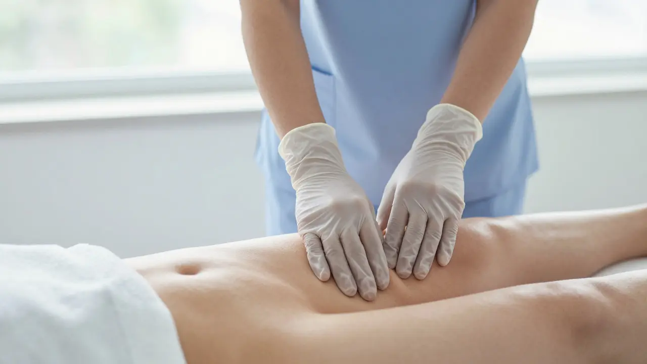 Healthcare professional performing a gentle pelvic examination in a clinic
