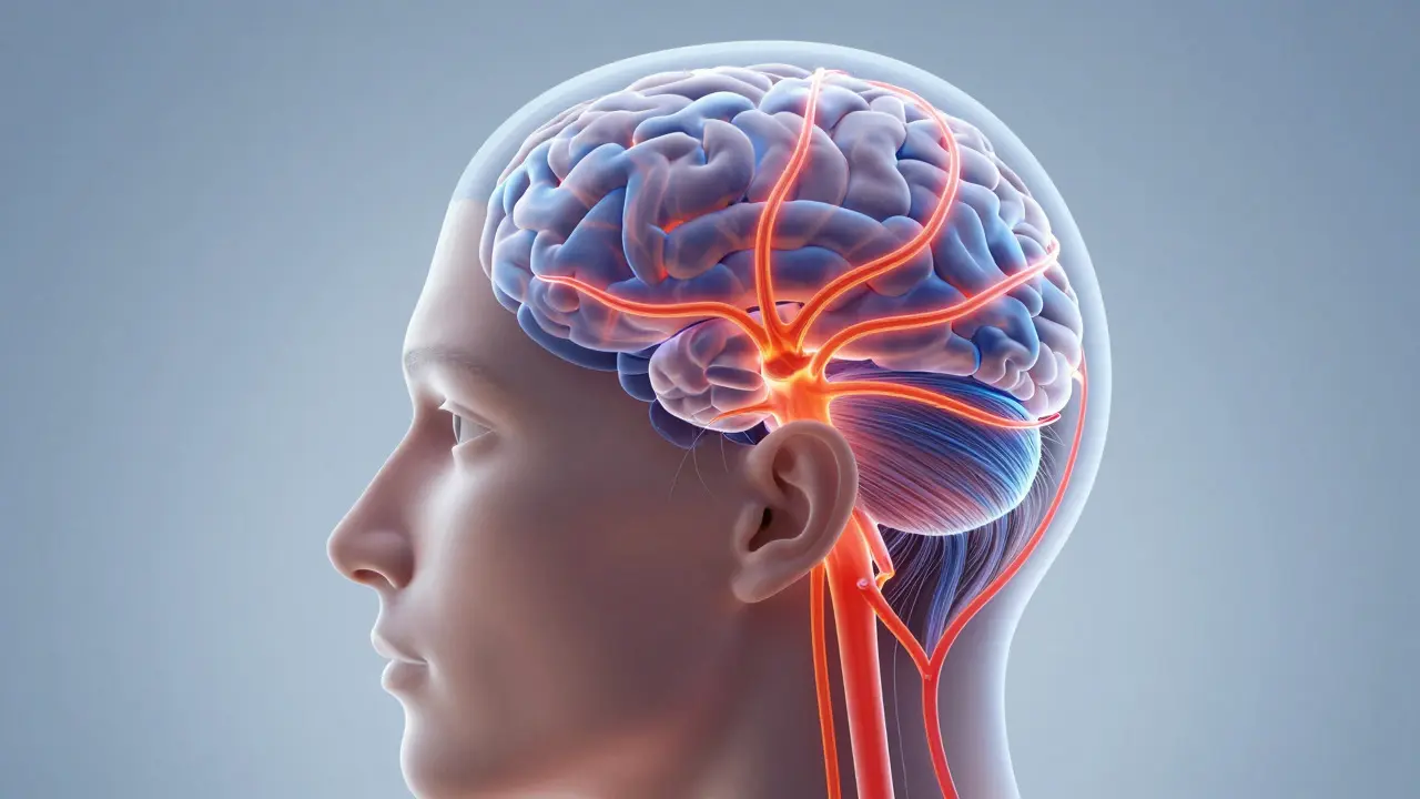 Kan dolaşımını ve sinir sistemini gösteren kavramsal baş anatomisi illüstrasyonu
