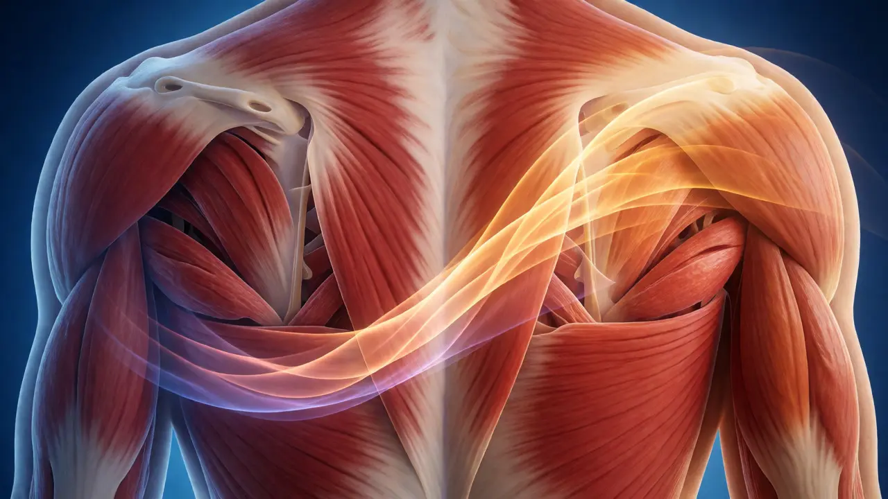 Kas lifleri ve fasya katmanlarındaki gerilimi gösteren anatomik görselleştirme