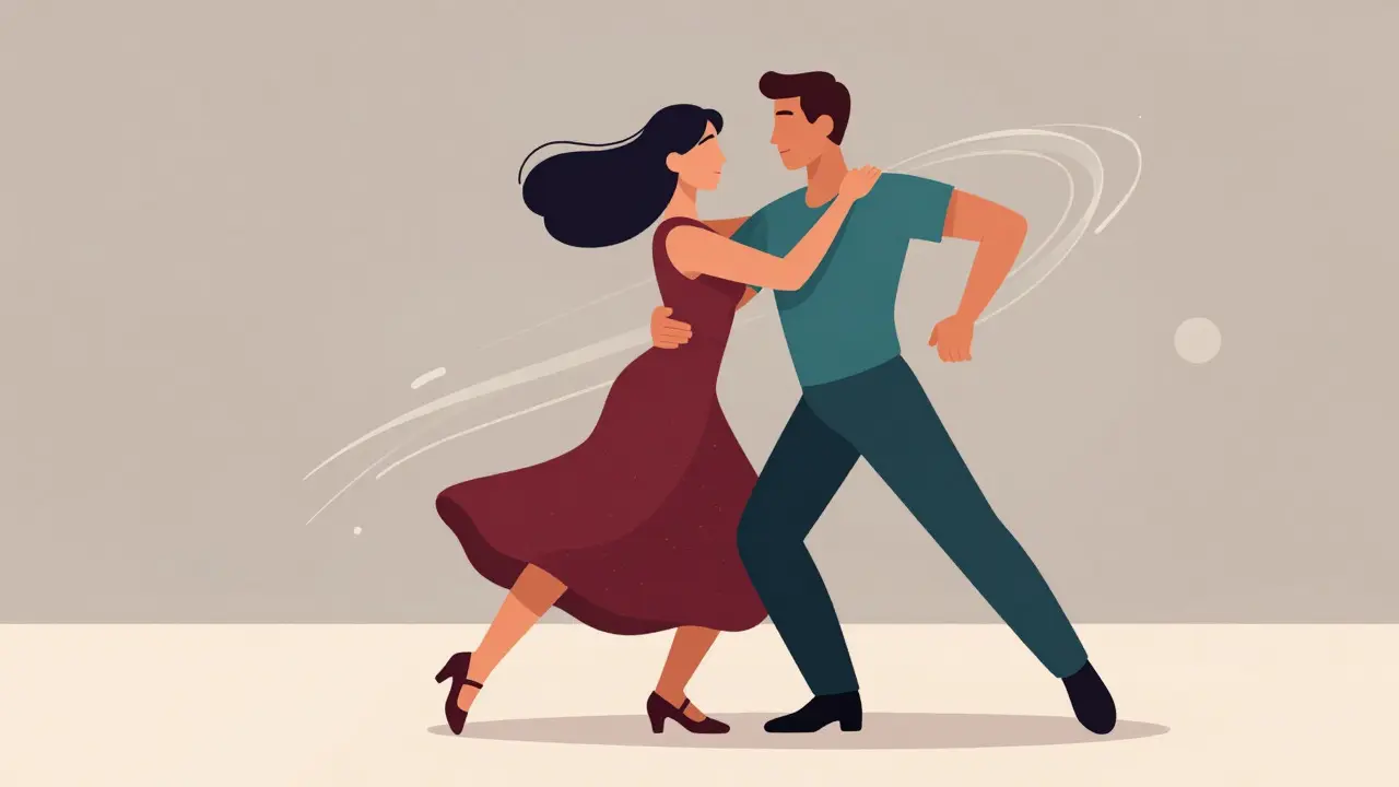 Müzik eşliğinde ritmik hareketlerle dans eden bir çiftin enerjik kareleri