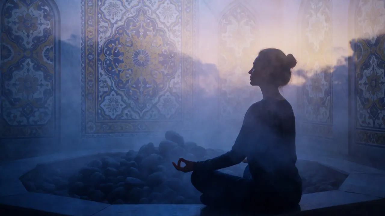 Türk hamamı motifleri ile Asya meditasyonunu birleştiren sanatsal kompozisyon